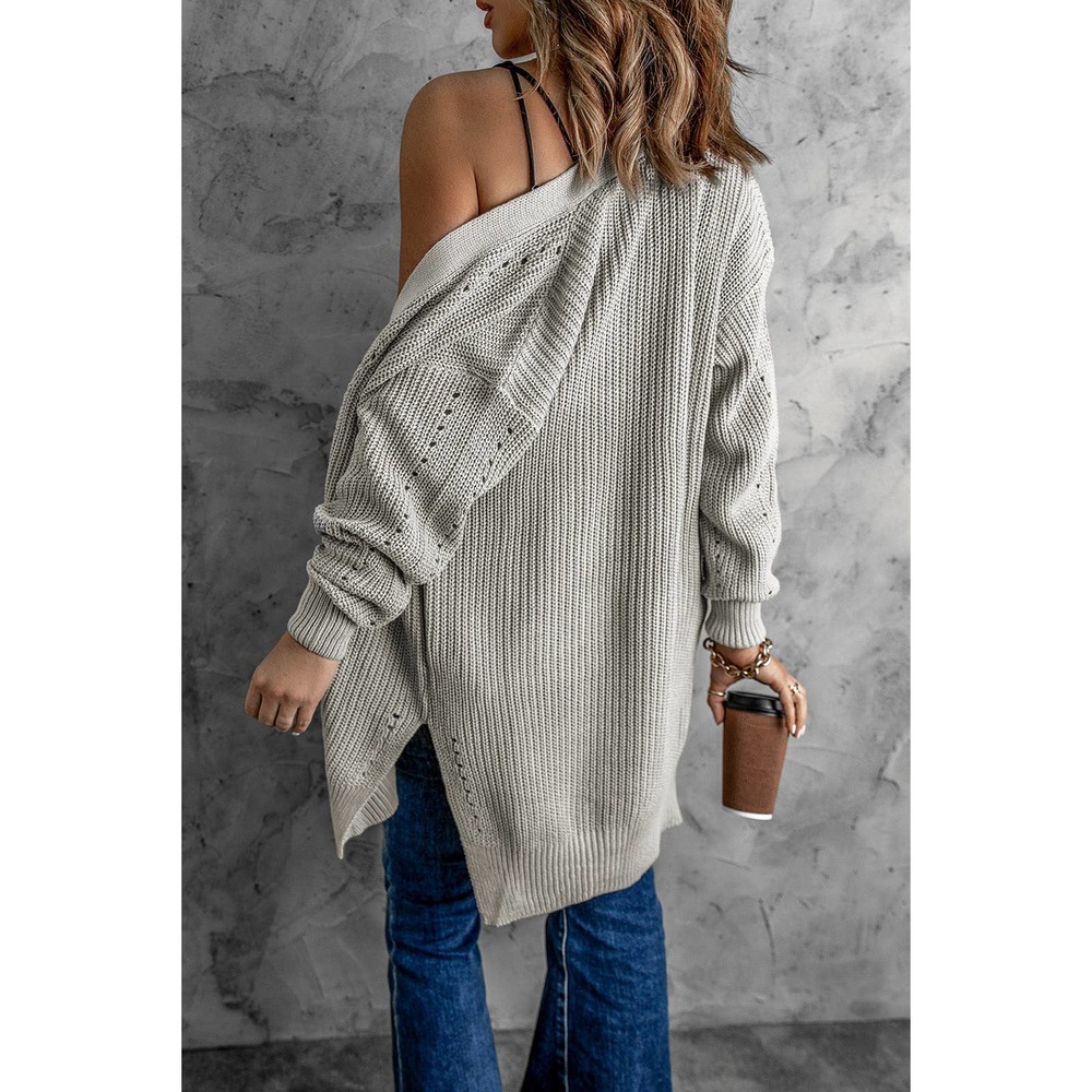 Openwork Rib-Knit Slit Cardigan - Picture 3 of 10